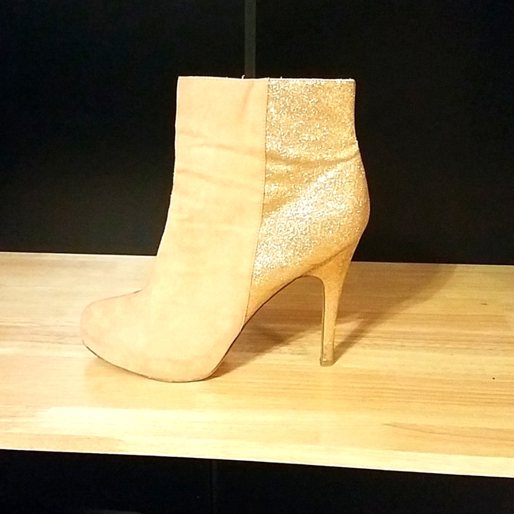Tan suede with gold glitter ankle boots
